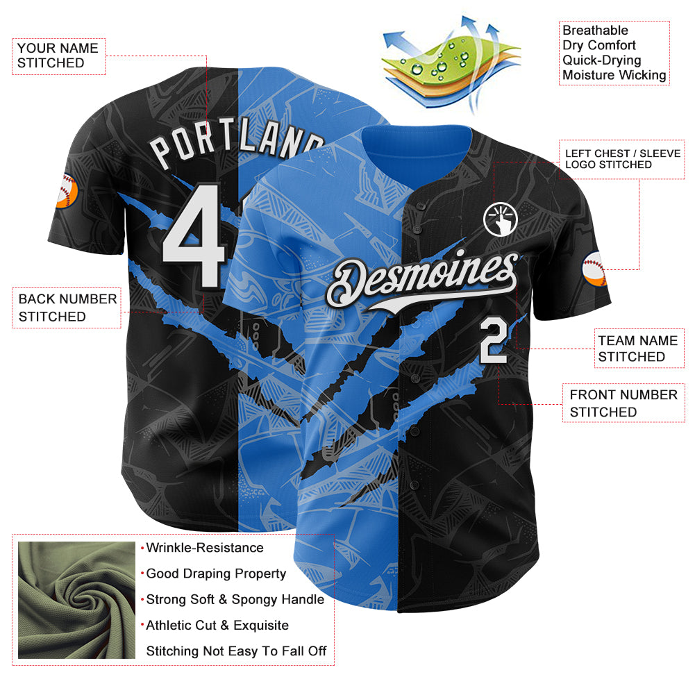 Custom Graffiti Pattern White Black-Electric Blue 3D Scratch Authentic Baseball Jersey