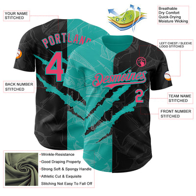 Custom Graffiti Pattern Neon Pink Black-Aqua 3D Scratch Authentic Baseball Jersey