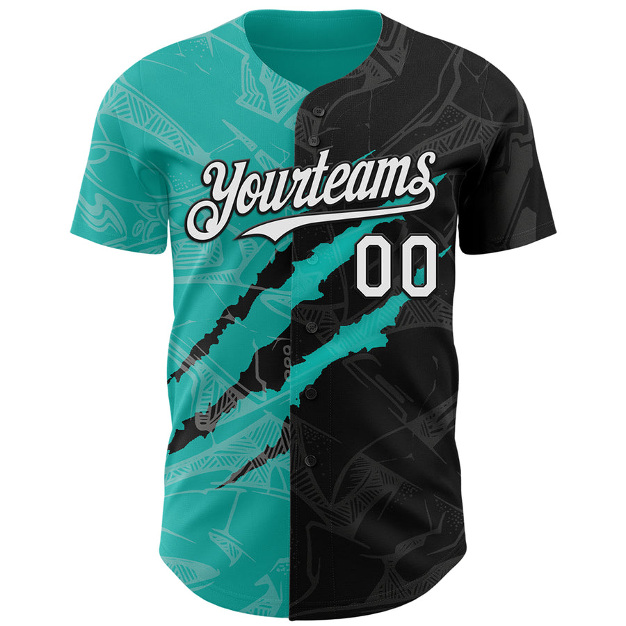 Custom Graffiti Pattern White Black-Aqua 3D Scratch Authentic Baseball Jersey