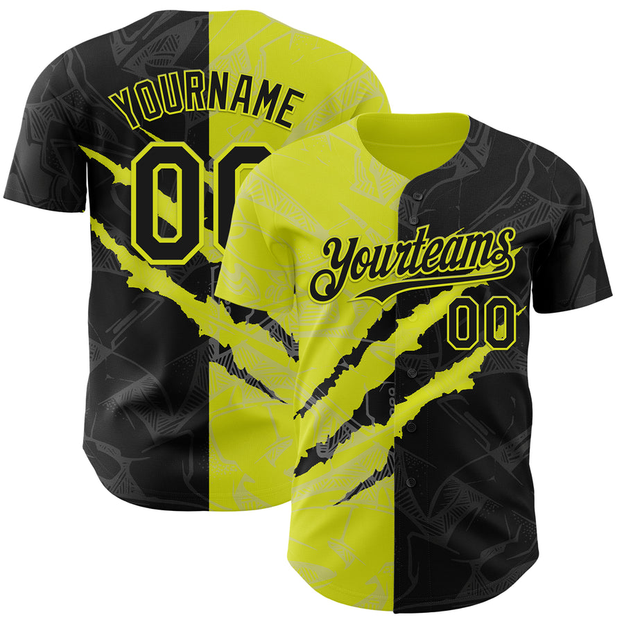 Custom Graffiti Pattern Black-Neon Yellow 3D Scratch Authentic Baseball Jersey