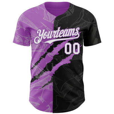 Custom Graffiti Pattern White Black-Medium Purple 3D Scratch Authentic Baseball Jersey