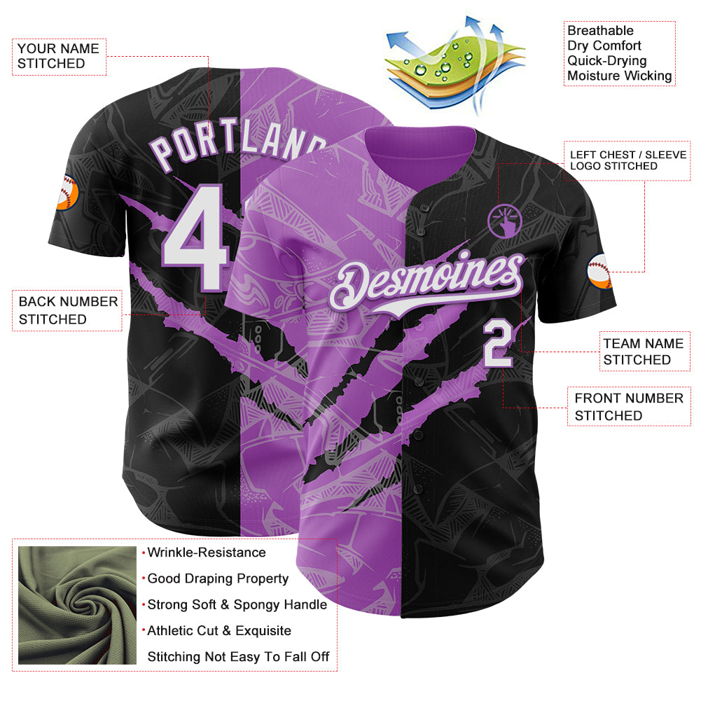 Custom Graffiti Pattern White Black-Medium Purple 3D Scratch Authentic Baseball Jersey