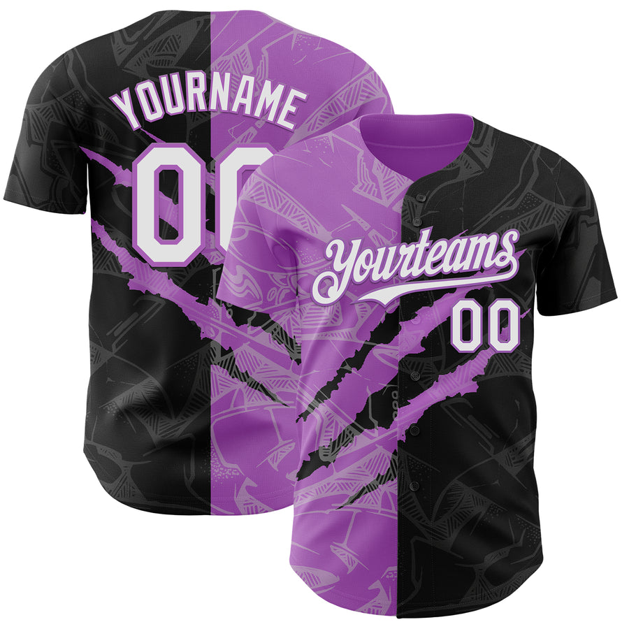 Custom Graffiti Pattern White Black-Medium Purple 3D Scratch Authentic Baseball Jersey