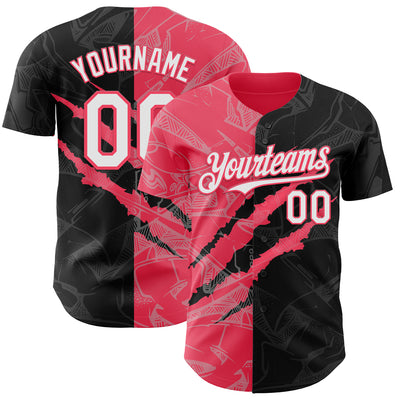 Custom Graffiti Pattern White Black-Neon Pink 3D Scratch Authentic Baseball Jersey