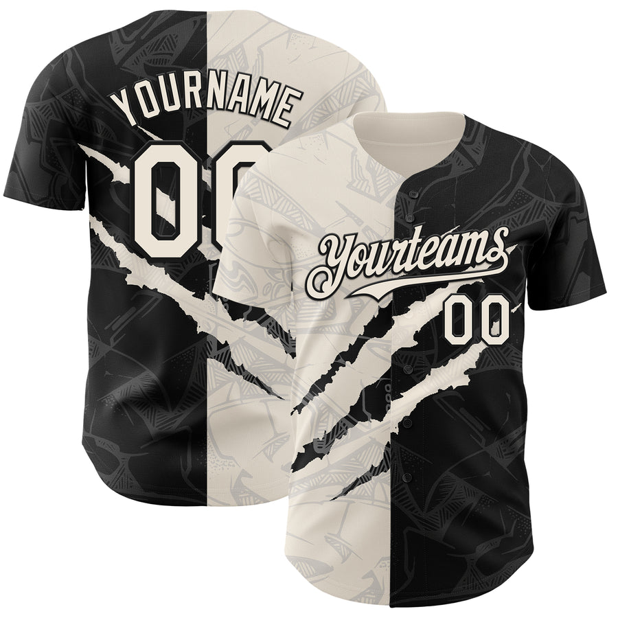 Custom Graffiti Pattern Cream-Black 3D Scratch Authentic Baseball Jersey