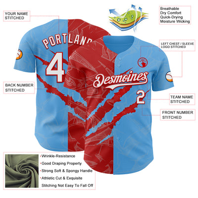 Custom Graffiti Pattern White Sky Blue-Red 3D Scratch Authentic Baseball Jersey