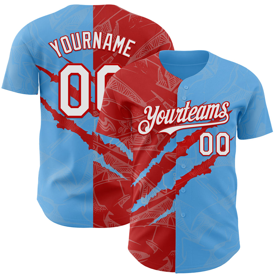 Custom Graffiti Pattern White Sky Blue-Red 3D Scratch Authentic Baseball Jersey