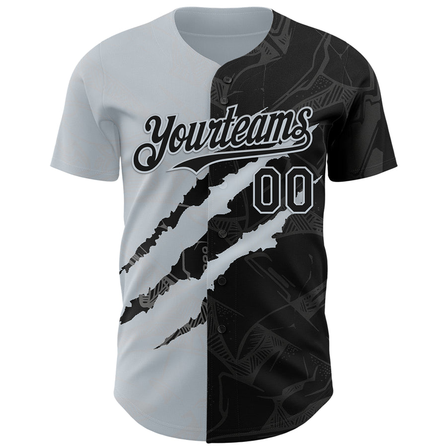 Custom Graffiti Pattern Black-Silver 3D Scratch Authentic Baseball Jersey