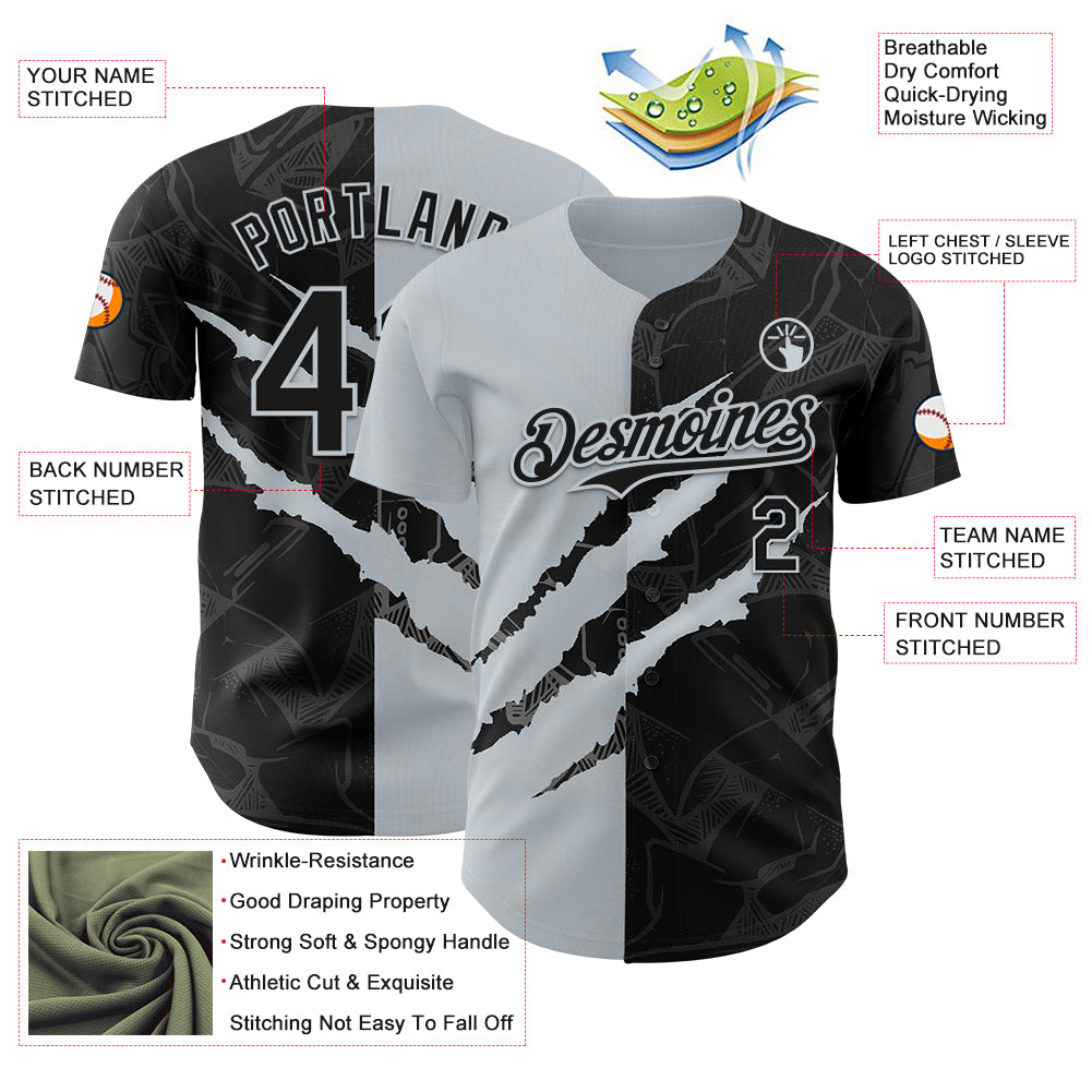 Custom Graffiti Pattern Black-Silver 3D Scratch Authentic Baseball Jersey