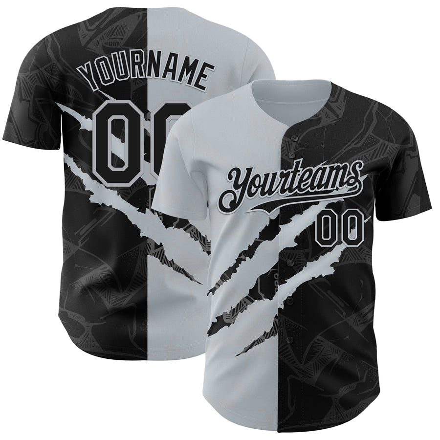 Custom Graffiti Pattern Black-Silver 3D Scratch Authentic Baseball Jersey
