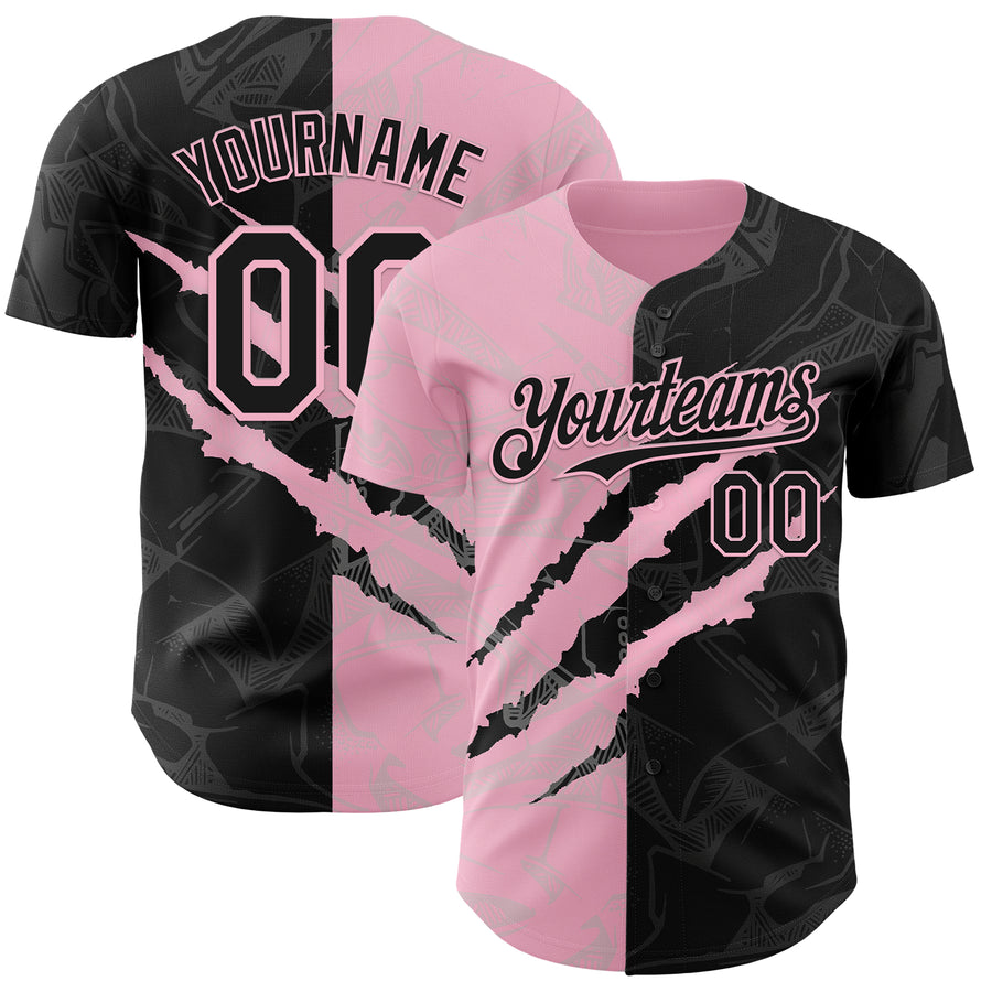 Custom Graffiti Pattern Black-Light Pink 3D Scratch Authentic Baseball Jersey