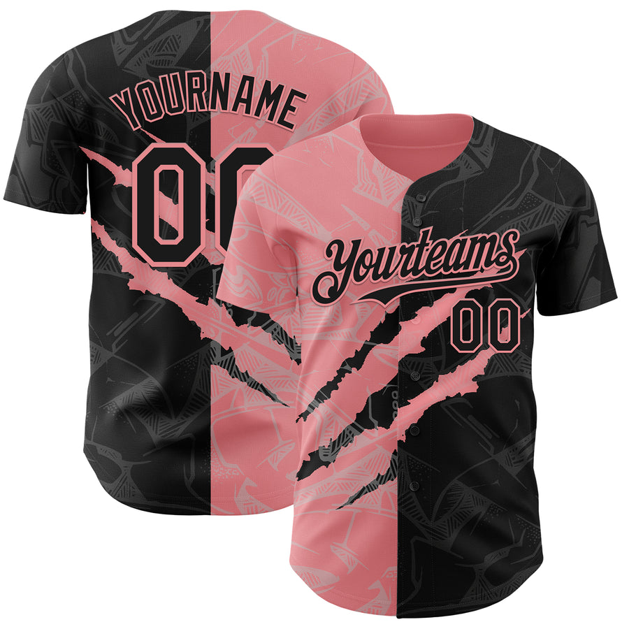 Custom Graffiti Pattern Black-Medium Pink 3D Scratch Authentic Baseball Jersey