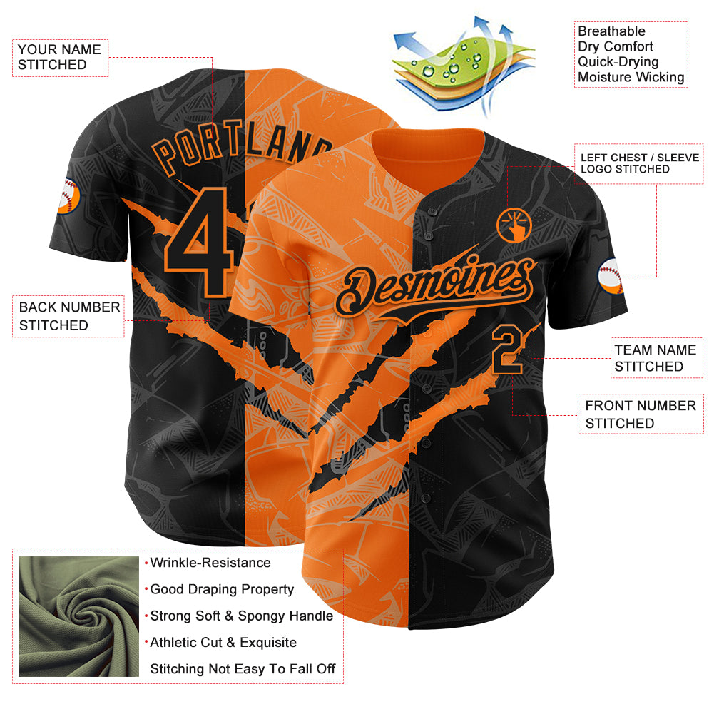 Custom Graffiti Pattern Black-Bay Orange 3D Scratch Authentic Baseball Jersey