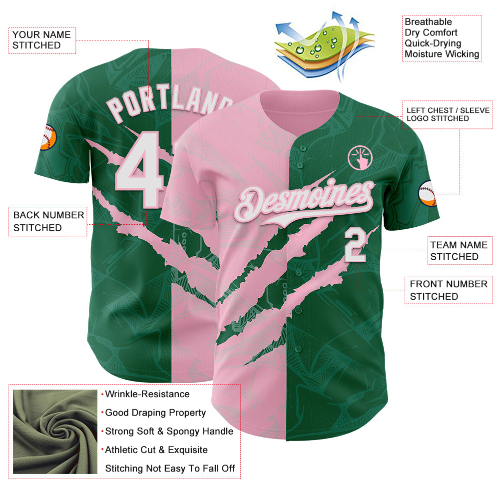 Custom Graffiti Pattern White Kelly Green-Light Pink 3D Scratch Authentic Baseball Jersey