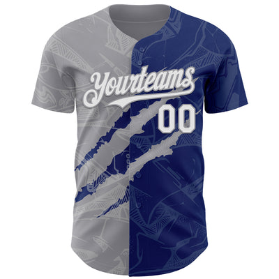 Custom Graffiti Pattern White Royal-Gray 3D Scratch Authentic Baseball Jersey