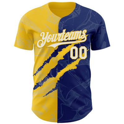 Custom Graffiti Pattern White Royal-Yellow 3D Scratch Authentic Baseball Jersey