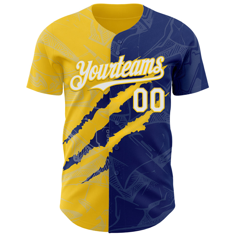Custom Graffiti Pattern White Royal-Yellow 3D Scratch Authentic Baseball Jersey