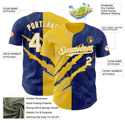 Custom Graffiti Pattern White Royal-Yellow 3D Scratch Authentic Baseball Jersey