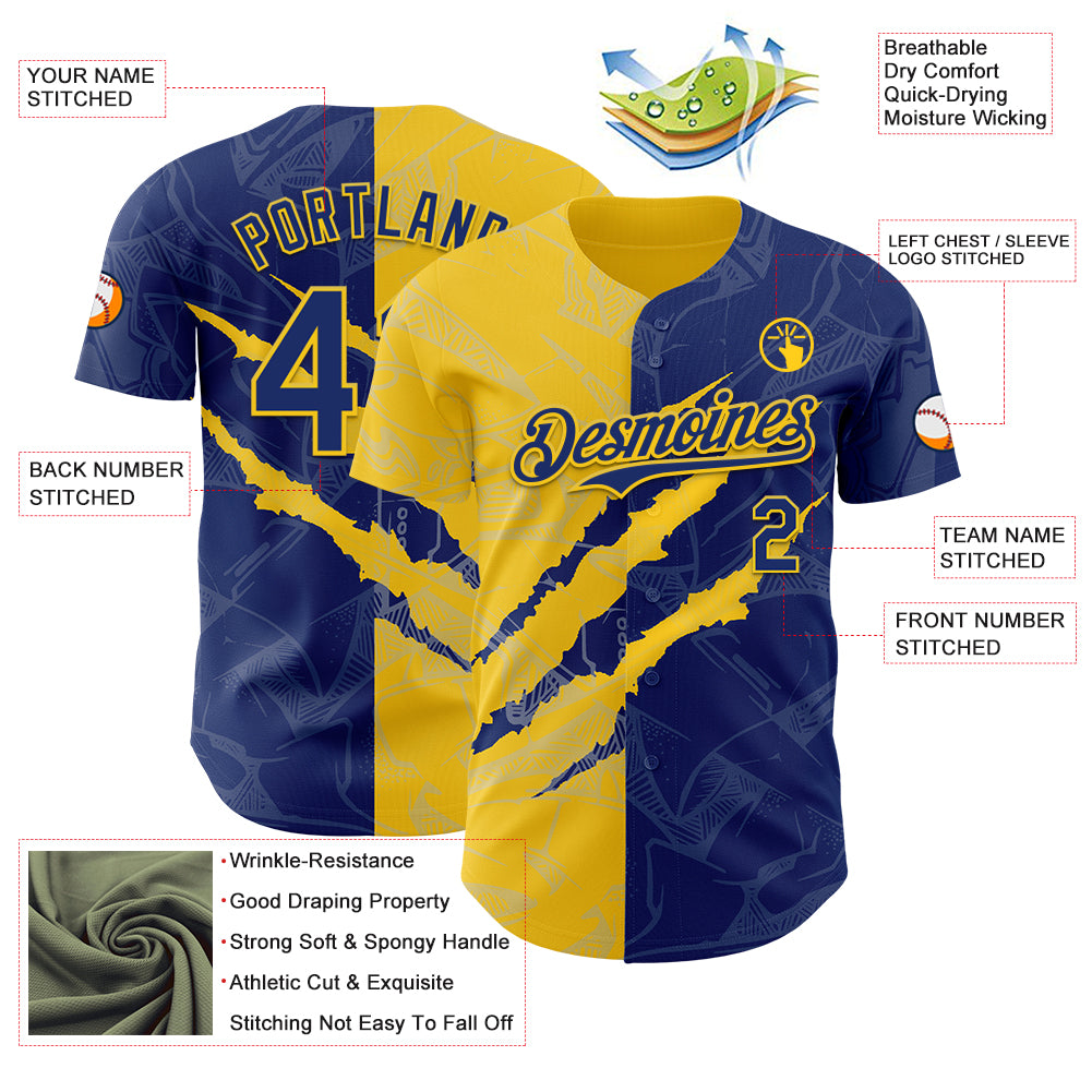 Custom Graffiti Pattern Royal-Yellow 3D Scratch Authentic Baseball Jersey