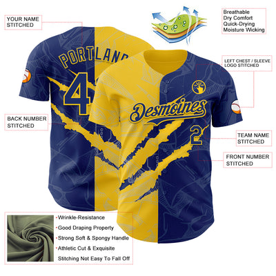 Custom Graffiti Pattern Royal-Yellow 3D Scratch Authentic Baseball Jersey