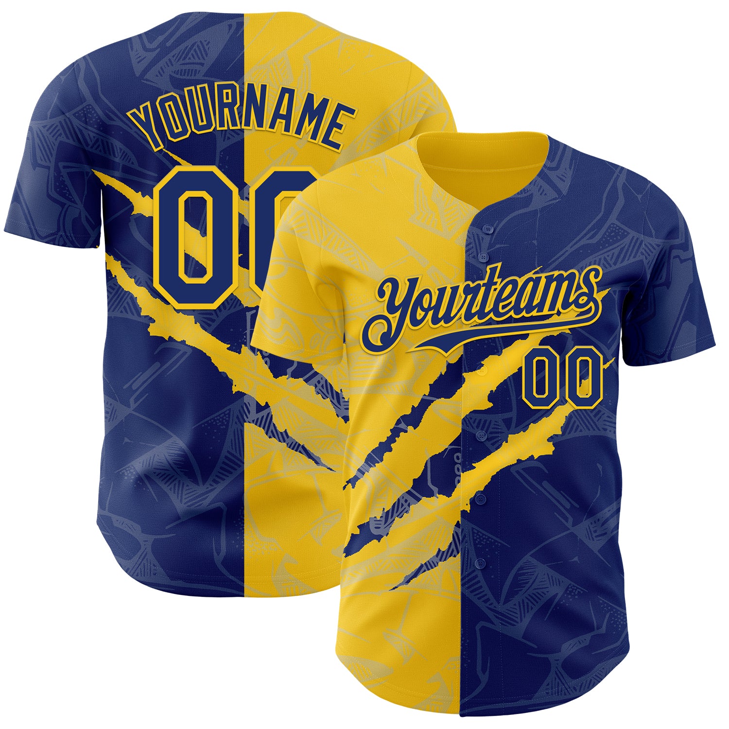 Custom Graffiti Pattern Royal-Yellow 3D Scratch Authentic Baseball Jersey
