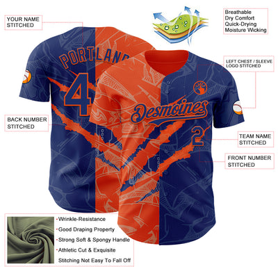 Custom Graffiti Pattern Royal-Orange 3D Scratch Authentic Baseball Jersey