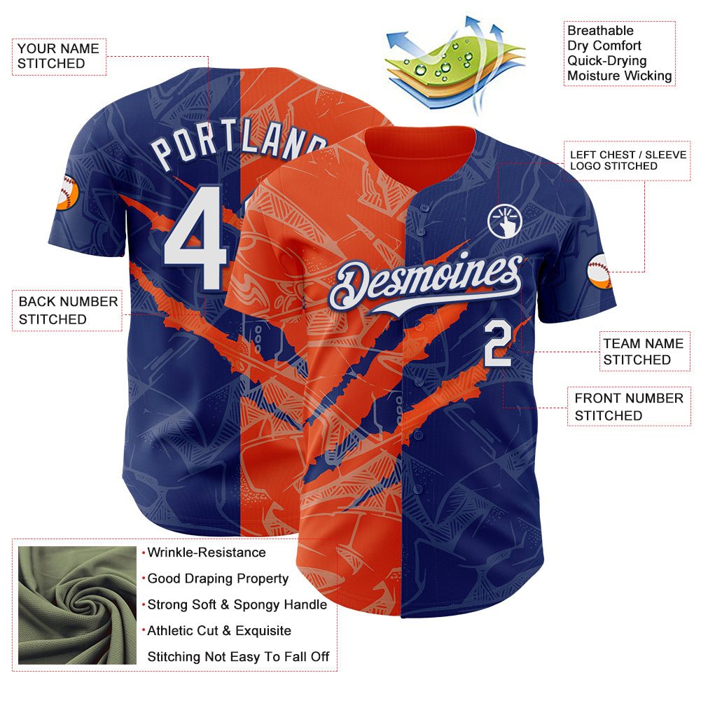Custom Graffiti Pattern White Royal-Orange 3D Scratch Authentic Baseball Jersey