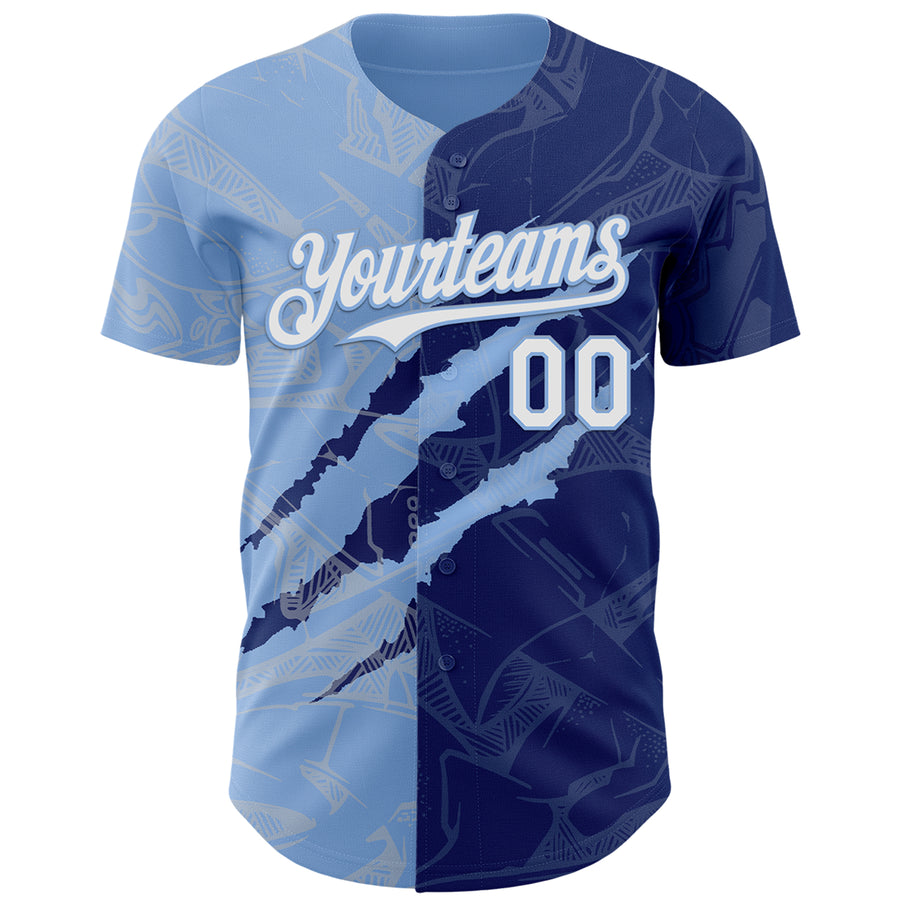 Custom Graffiti Pattern White Royal-Light Blue 3D Scratch Authentic Baseball Jersey
