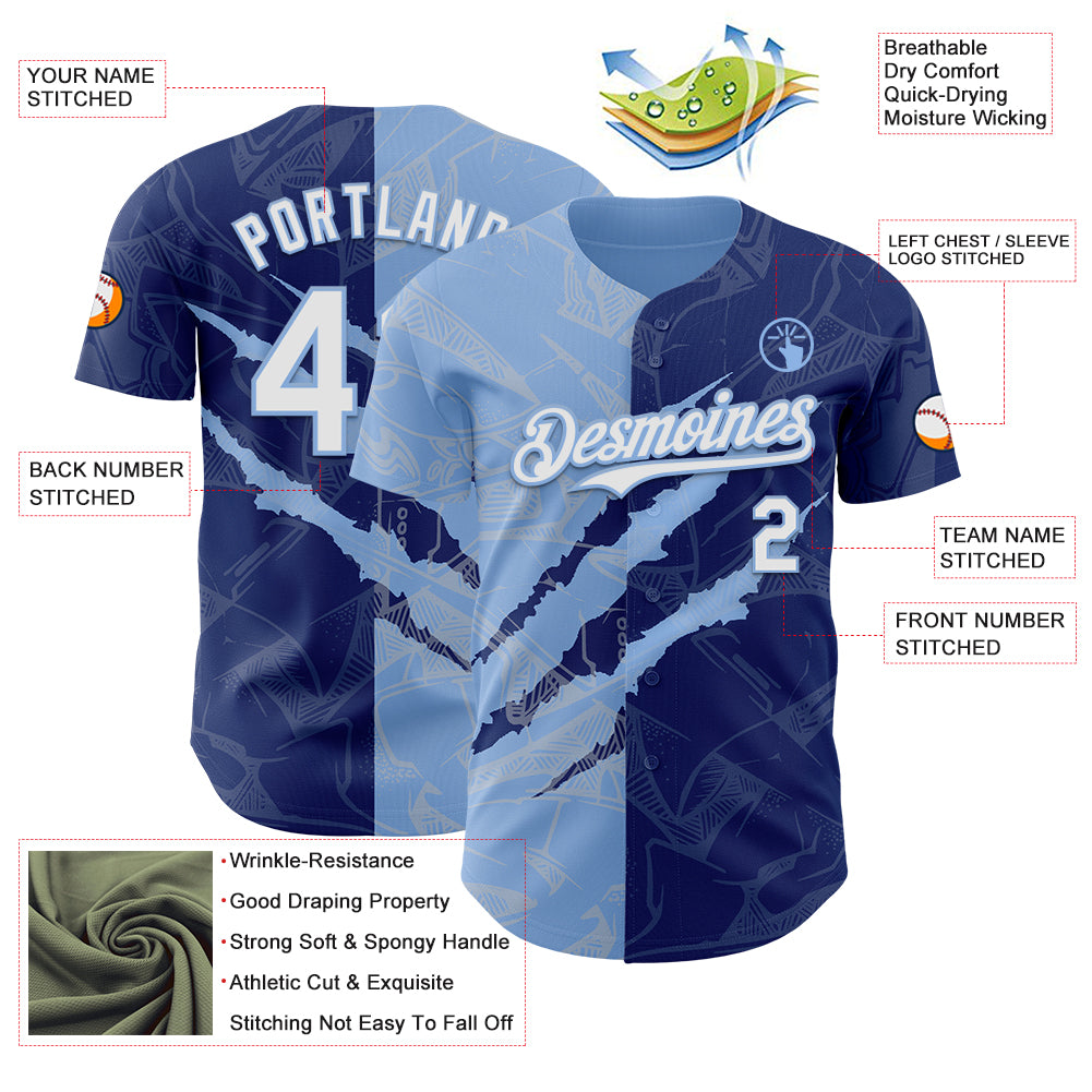 Custom Graffiti Pattern White Royal-Light Blue 3D Scratch Authentic Baseball Jersey