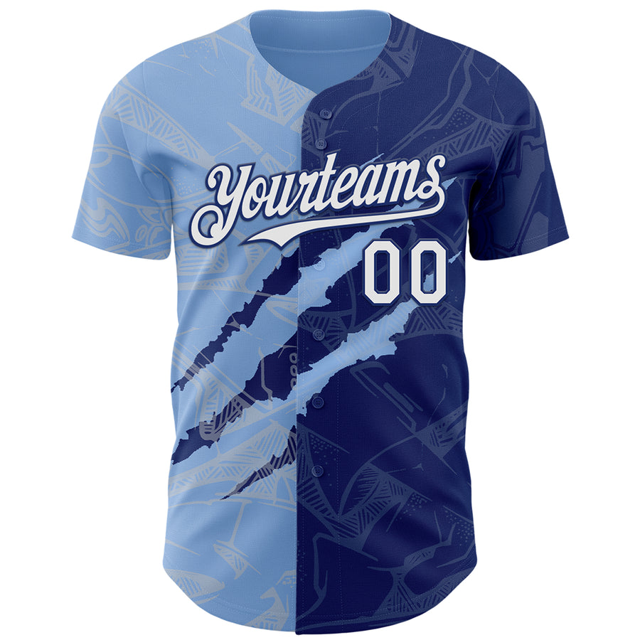 Custom Graffiti Pattern White Royal-Light Blue 3D Scratch Authentic Baseball Jersey