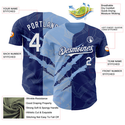 Custom Graffiti Pattern White Royal-Light Blue 3D Scratch Authentic Baseball Jersey