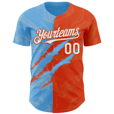Custom Graffiti Pattern White Orange-Sky Blue 3D Scratch Authentic Baseball Jersey