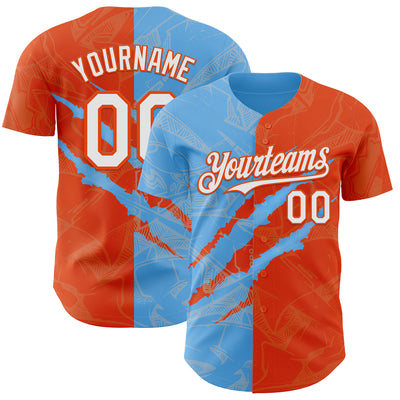 Custom Graffiti Pattern White Orange-Sky Blue 3D Scratch Authentic Baseball Jersey