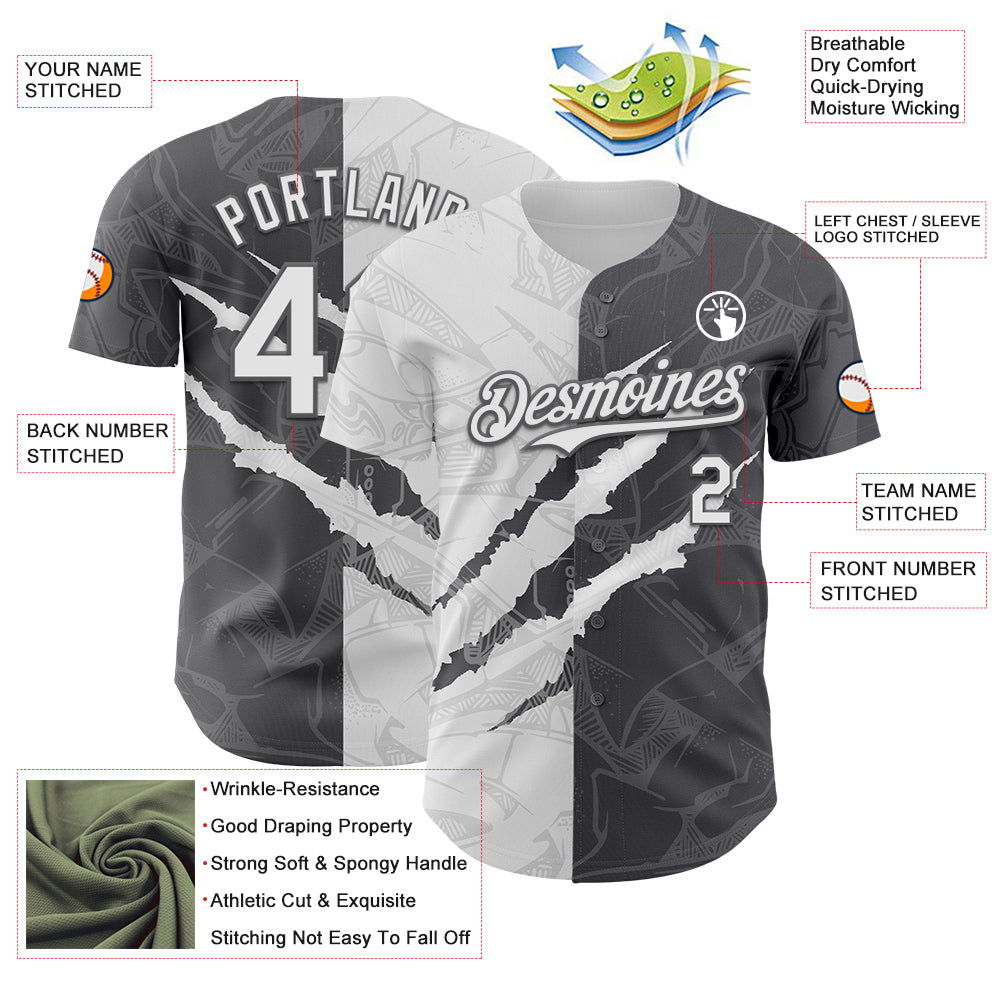 Custom Graffiti Pattern White-Steel Gray 3D Scratch Authentic Baseball Jersey