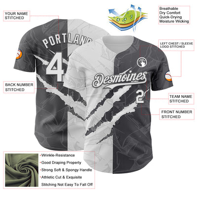 Custom Graffiti Pattern White-Steel Gray 3D Scratch Authentic Baseball Jersey