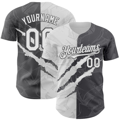 Custom Graffiti Pattern White-Steel Gray 3D Scratch Authentic Baseball Jersey