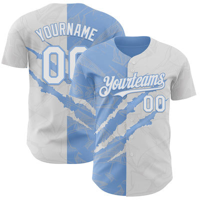 Custom Graffiti Pattern White-Light Blue 3D Scratch Authentic Baseball Jersey