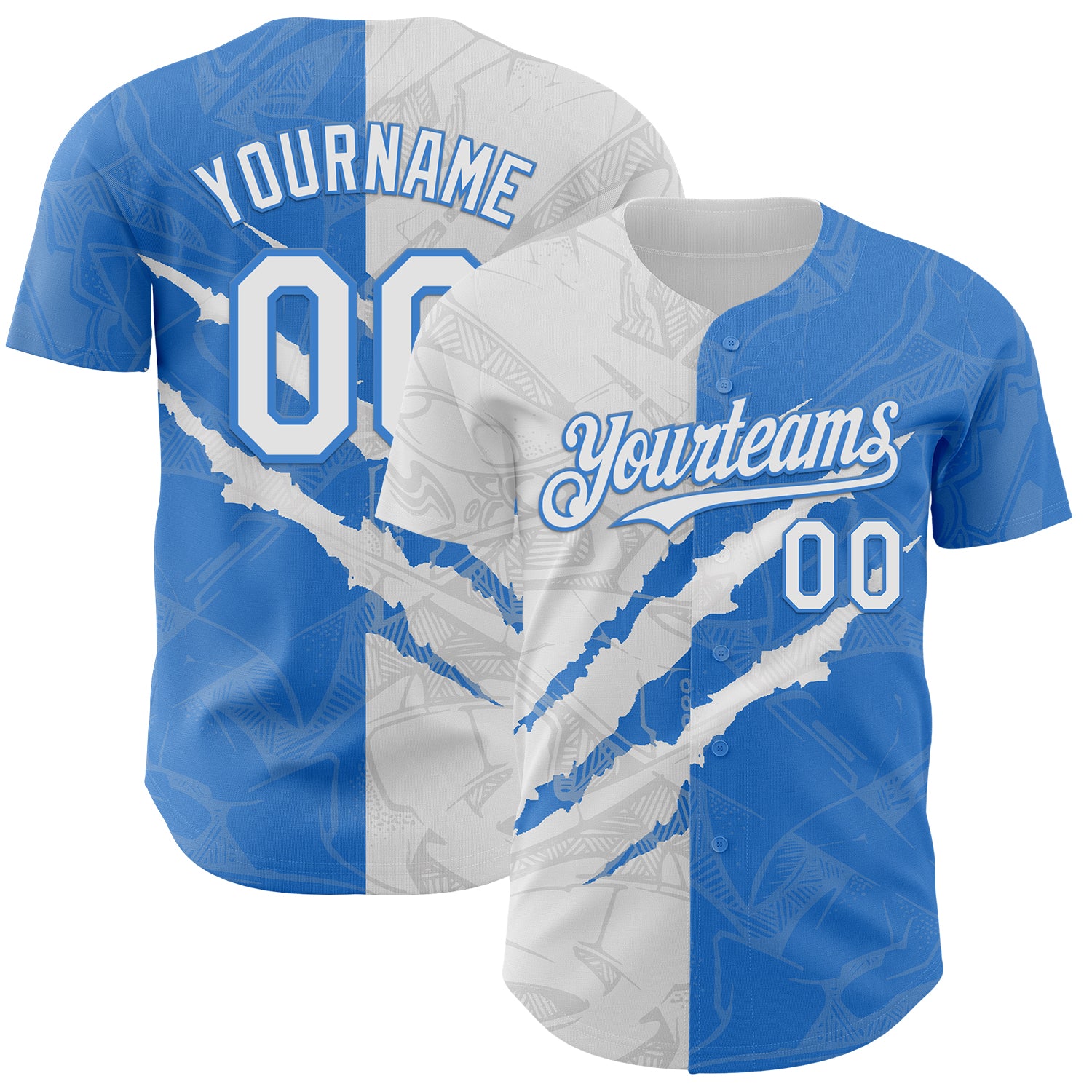 Custom Graffiti Pattern White-Electric Blue 3D Scratch Authentic Baseball Jersey