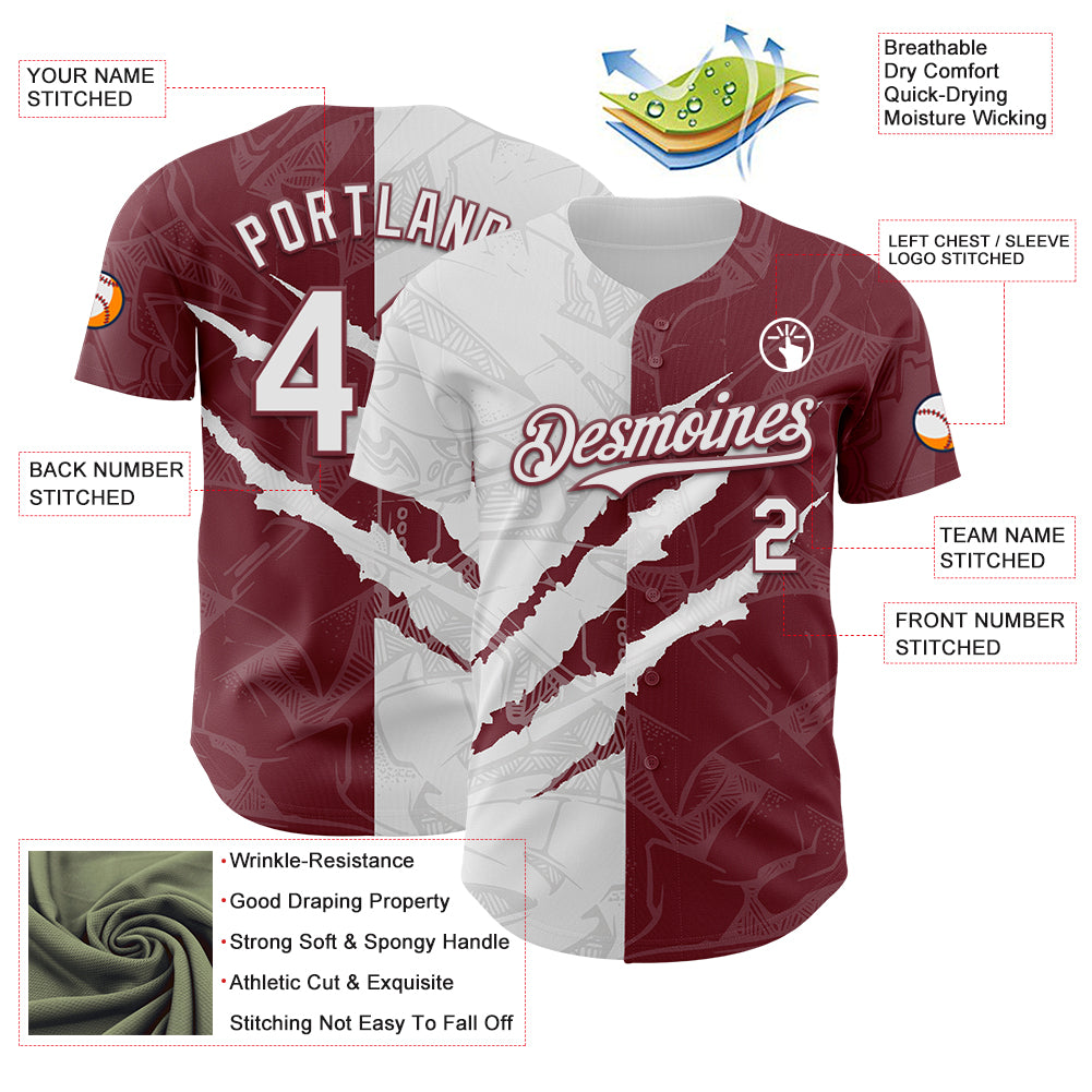 Custom Graffiti Pattern White-Burgundy 3D Scratch Authentic Baseball Jersey