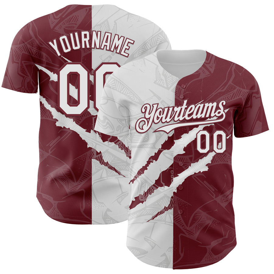 Custom Graffiti Pattern White-Burgundy 3D Scratch Authentic Baseball Jersey