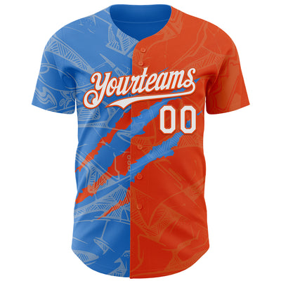 Custom Graffiti Pattern White Orange-Electric Blue 3D Scratch Authentic Baseball Jersey