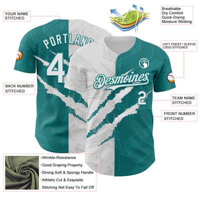 Custom Graffiti Pattern White-Teal 3D Scratch Authentic Baseball Jersey