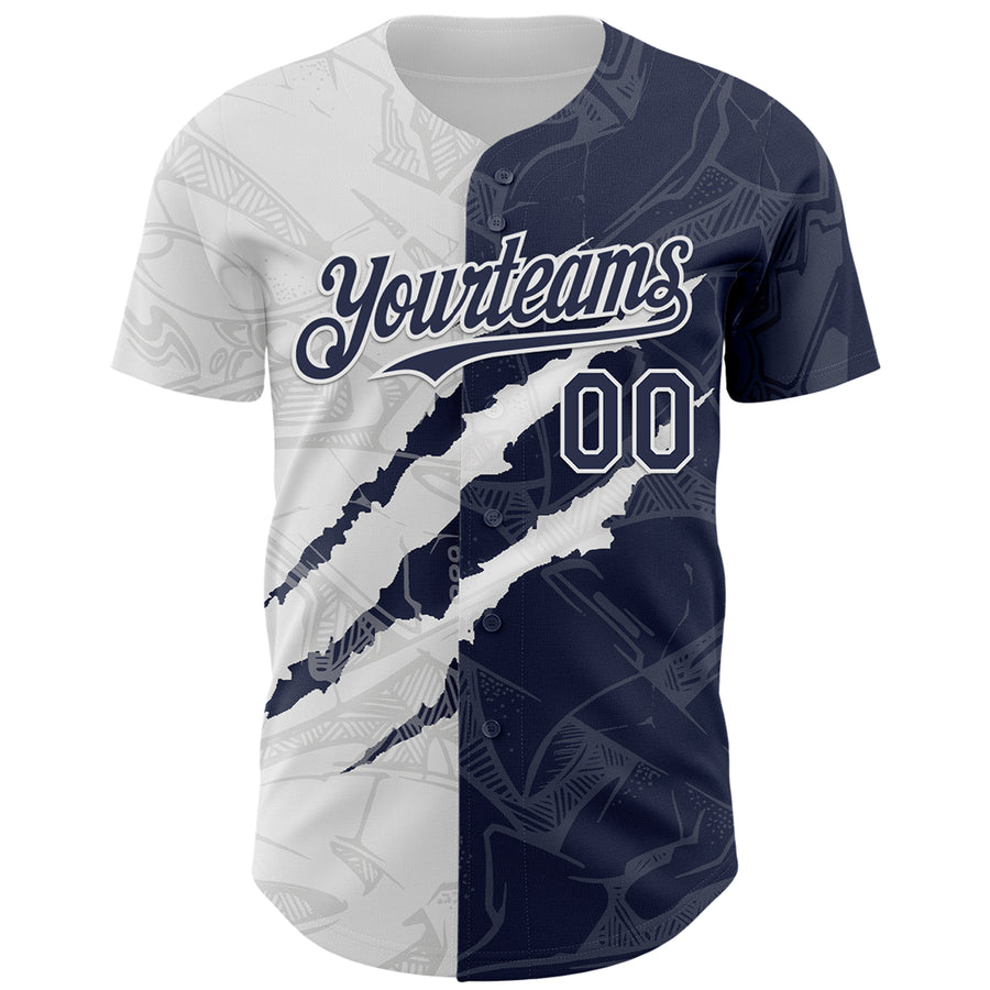 Custom Graffiti Pattern Navy-White 3D Scratch Authentic Baseball Jersey