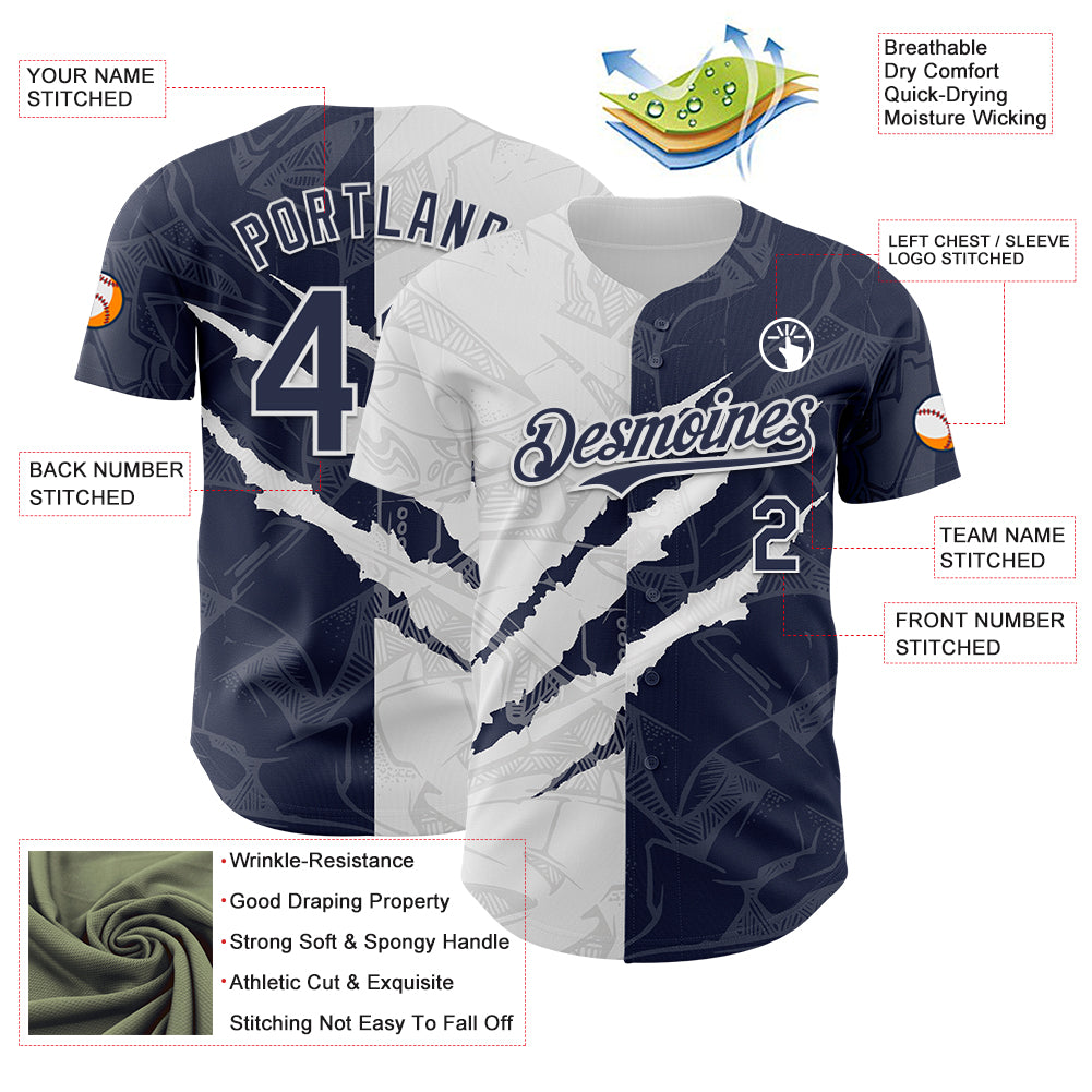 Custom Graffiti Pattern Navy-White 3D Scratch Authentic Baseball Jersey