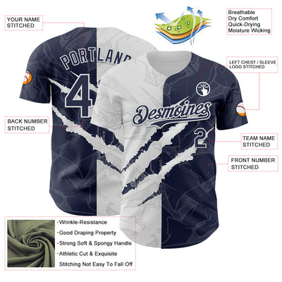 Custom Graffiti Pattern Navy-White 3D Scratch Authentic Baseball Jersey