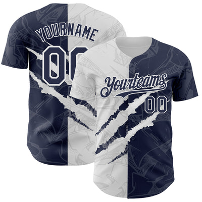 Custom Graffiti Pattern Navy-White 3D Scratch Authentic Baseball Jersey