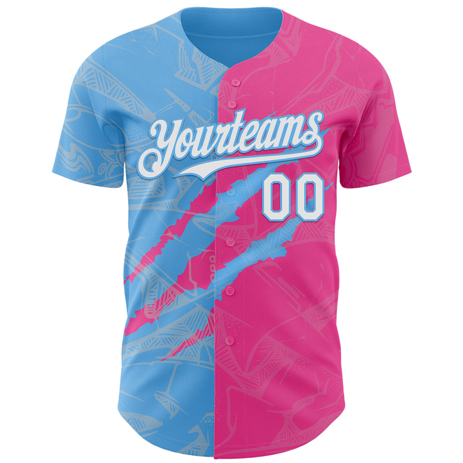Custom Graffiti Pattern White Pink-Sky Blue 3D Scratch Authentic Baseball Jersey
