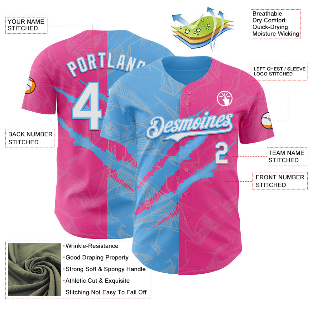 Custom Graffiti Pattern White Pink-Sky Blue 3D Scratch Authentic Baseball Jersey