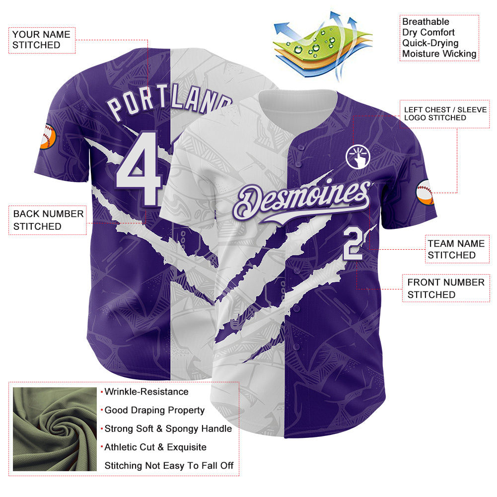 Custom Graffiti Pattern White-Purple 3D Scratch Authentic Baseball Jersey