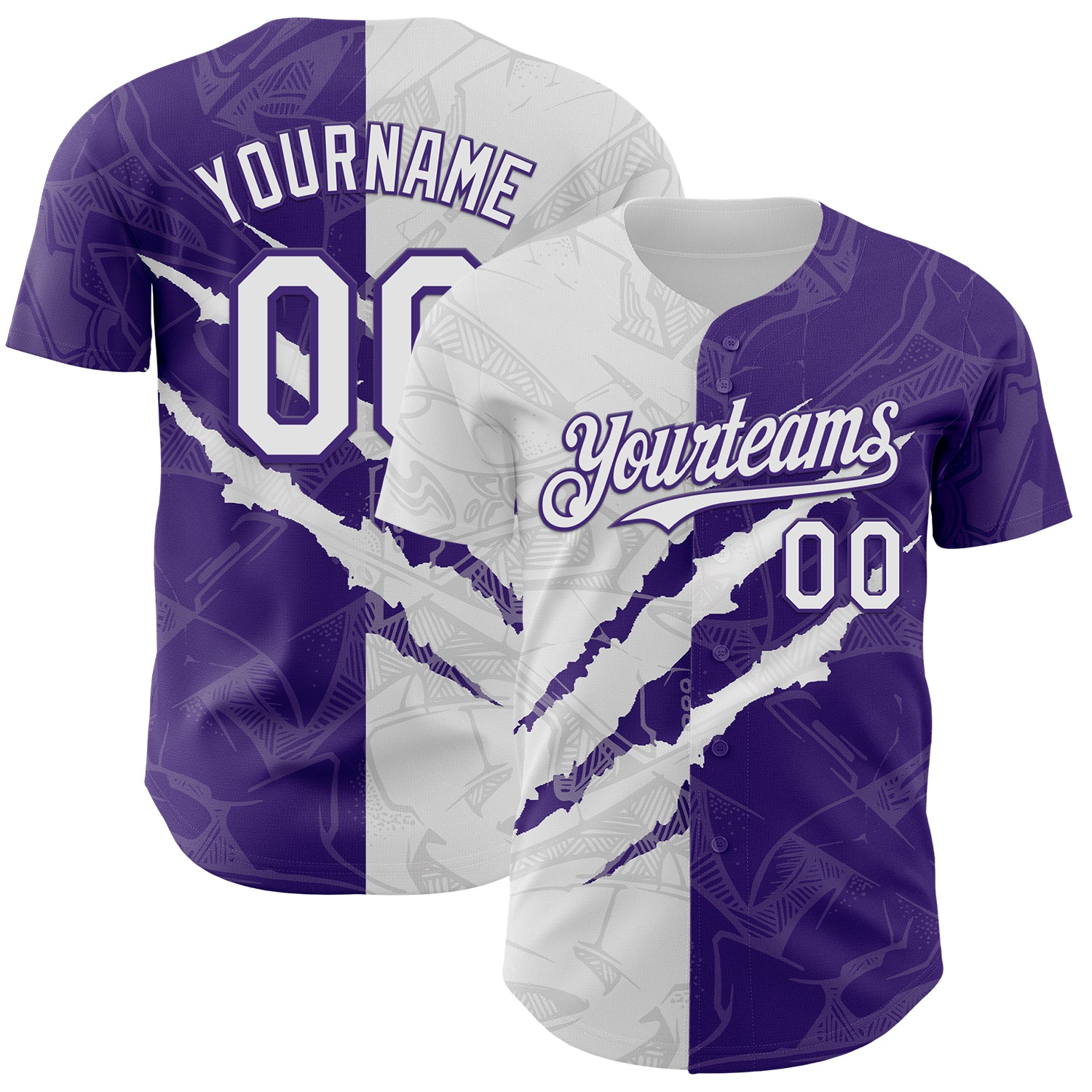 Custom Graffiti Pattern White-Purple 3D Scratch Authentic Baseball Jersey